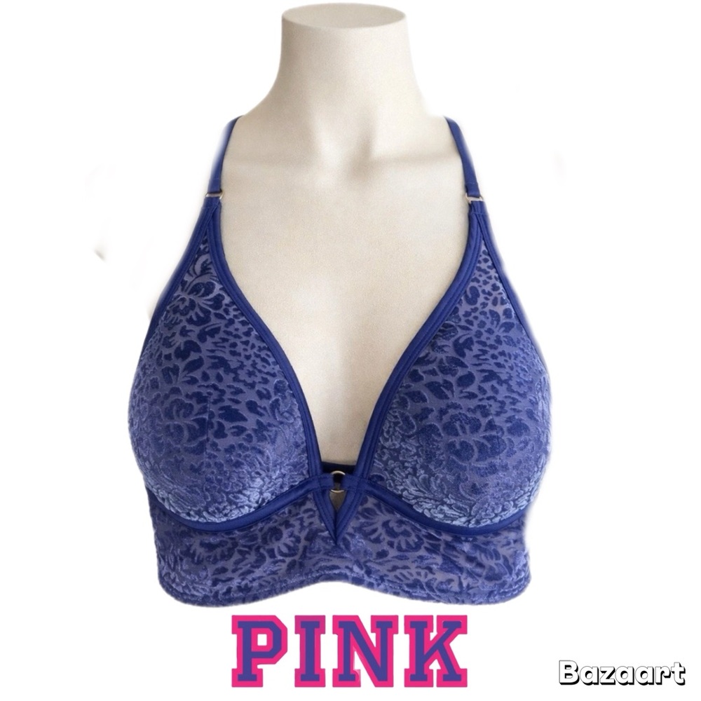 VS PINK || Rare Blue Velvet Burnout Longline Strappy Bralette